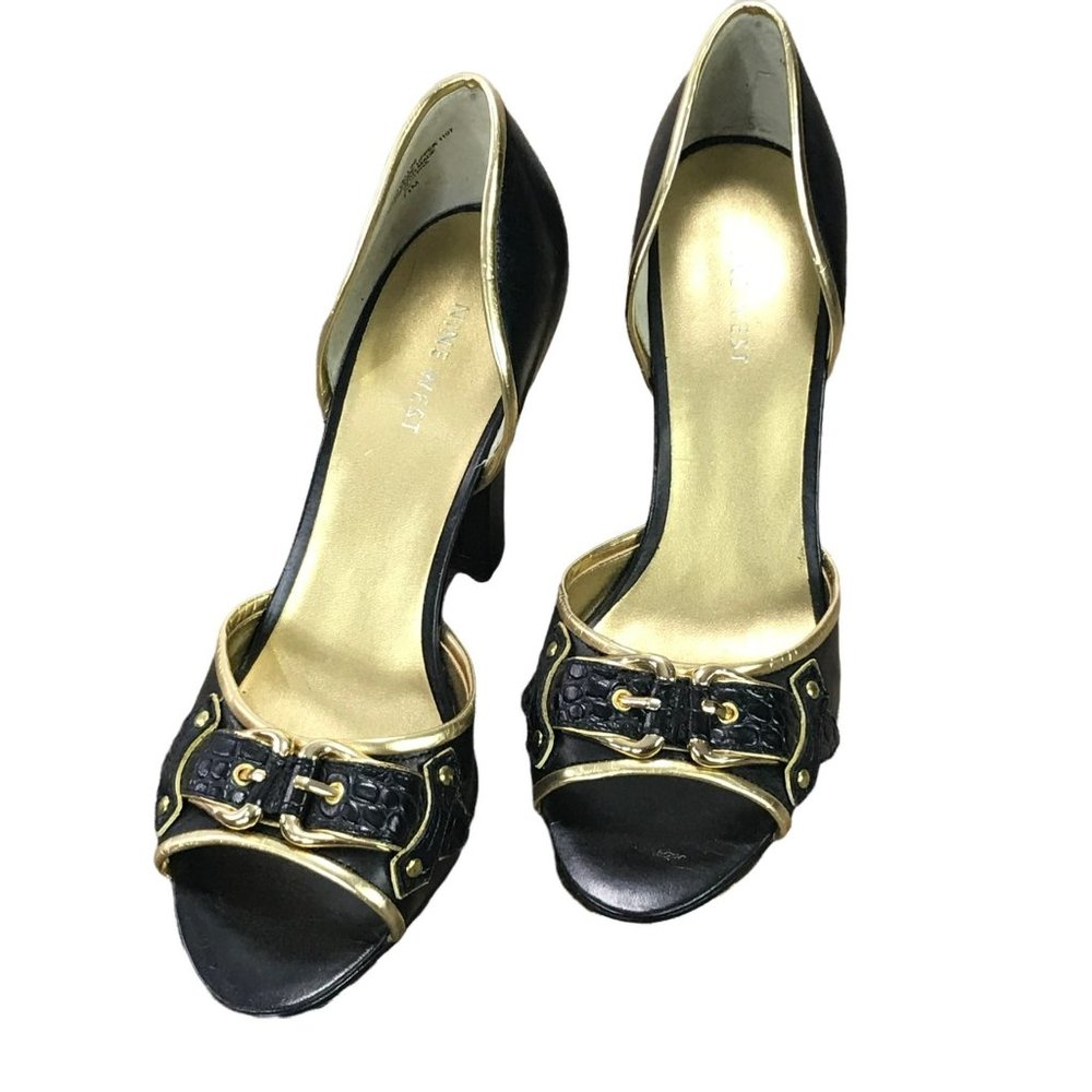 Nine West Women Shoes Black Gold Leather Peep Toe Pumps Heels US Size 7.5  7.5M
